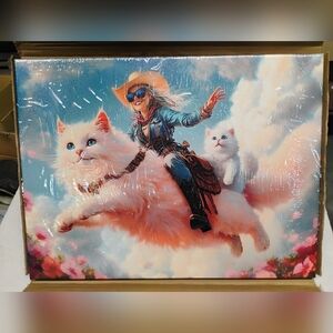 Whimsical Western Cowgirl Riding Pink Cat Canvas Wall Art NIB